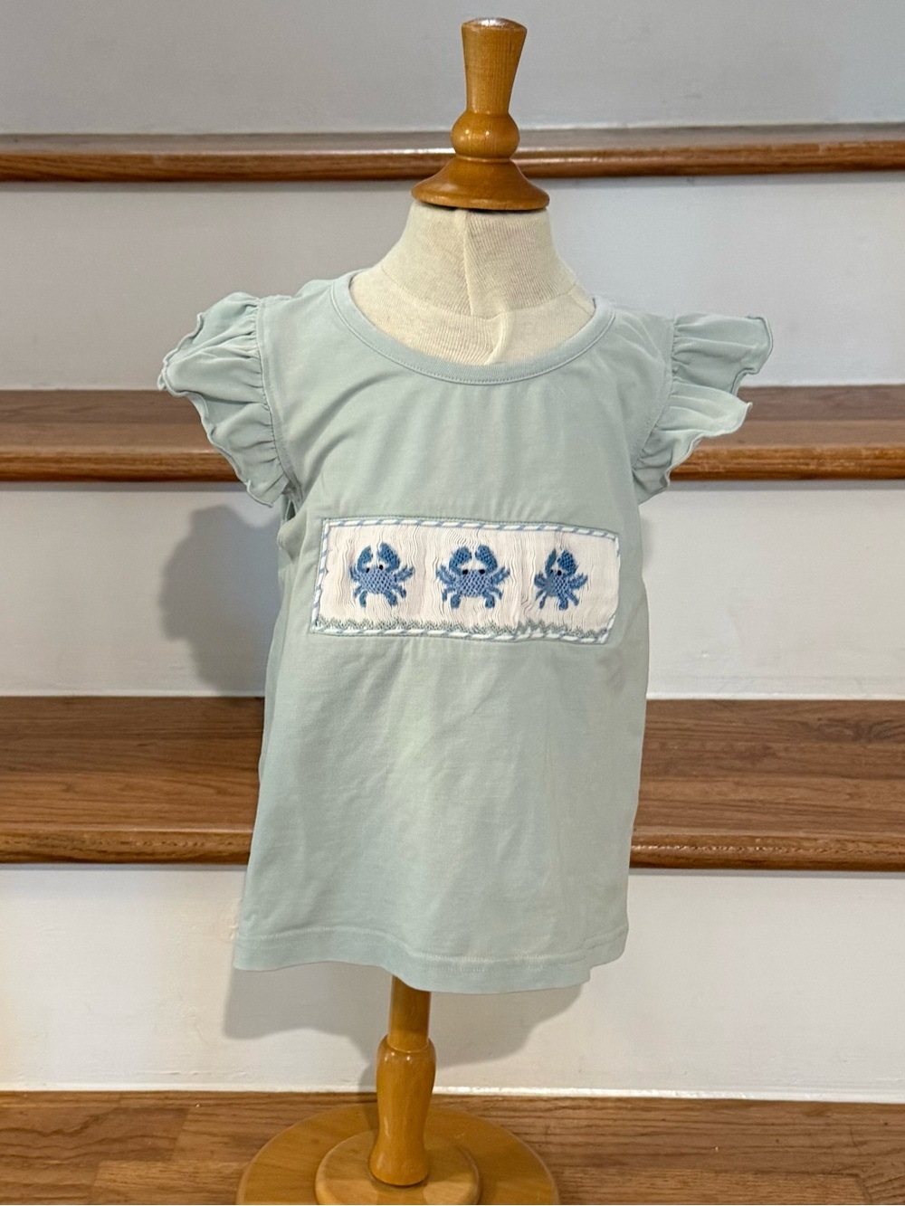 Girls Light Green Crab Smocked Flutter Sleeve Tee